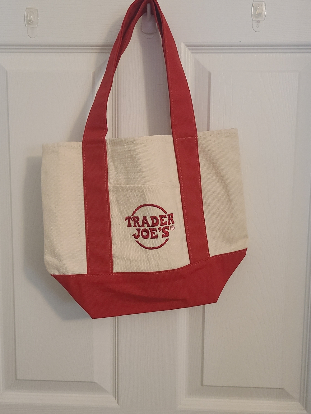 Trader Joe's Cream and Red Canvas Tote Bag - Picture 2 of 2
